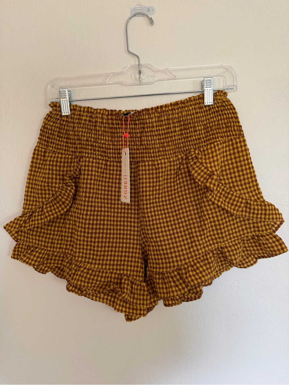 High-Waist Ruffle Gingham Shorts in Brown and Gold